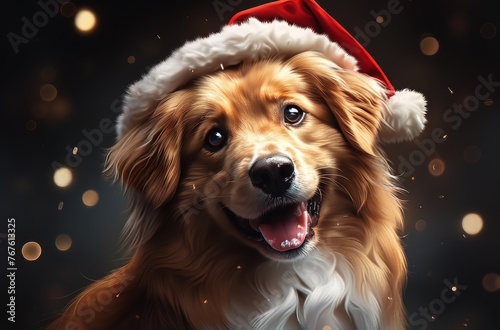 A dog wearing a Santa hat is smiling and looking at the camera