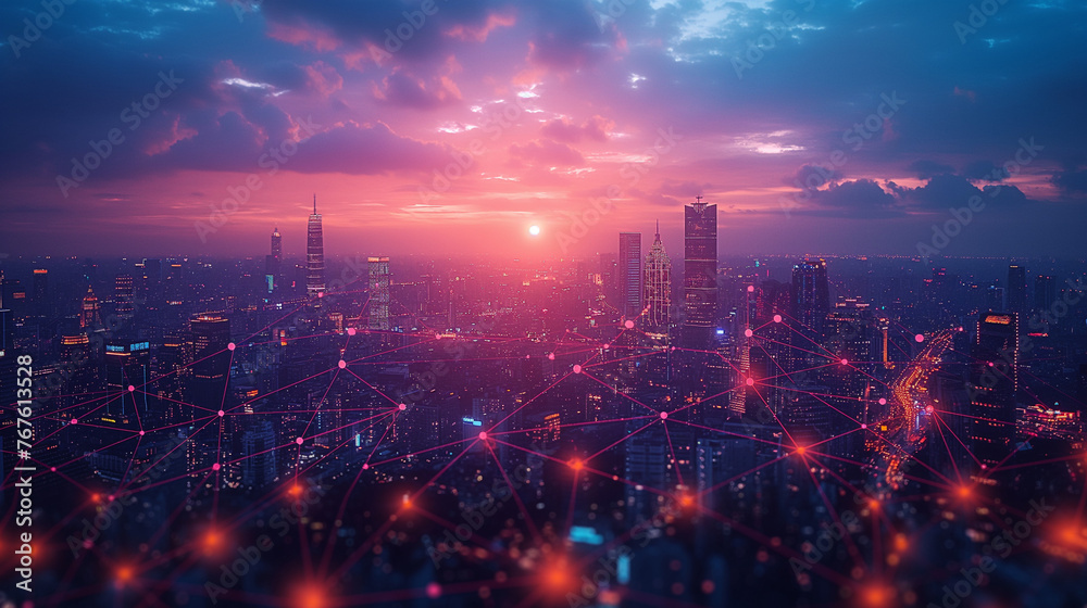 Obraz premium ビル群とネットワークイメージ