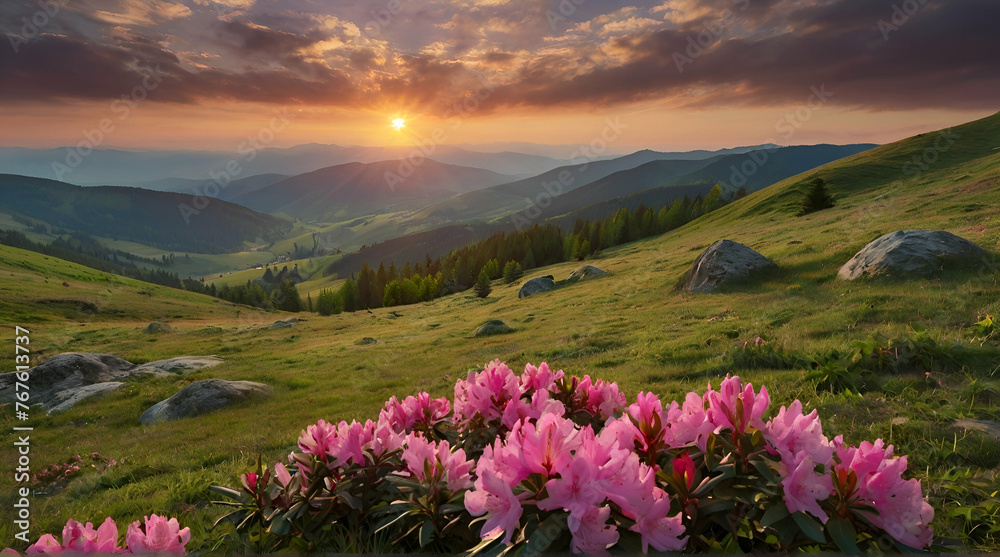 Colorful Carpathian mountains landscapes in Ukraine Europe featuring a lawn with pink rhododendron flowers.generative.ai