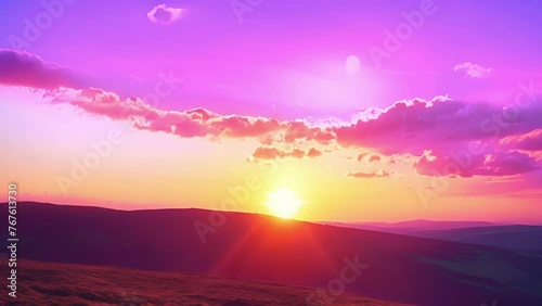 A colorful sunset over the rolling hills of a countryside landscape. The sky is painted with shades of pink purple and orange filling the viewer with a sense of calm and appreciation. photo