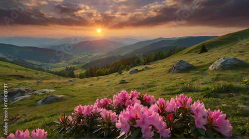 Colorful Carpathian mountains landscapes in Ukraine Europe featuring a lawn with pink rhododendron flowers.generative.ai