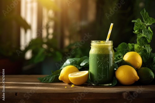 Fresh Spinach and Lemon Juice on Dark Background photo