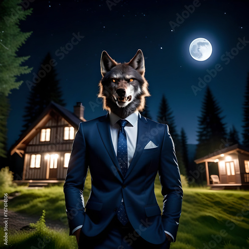A werewolf at night dressed in a modern business suit photo