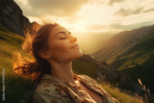 Serene Woman in Sunset Mountain Landscape