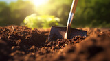 Shovel inserted into fertile garden soil