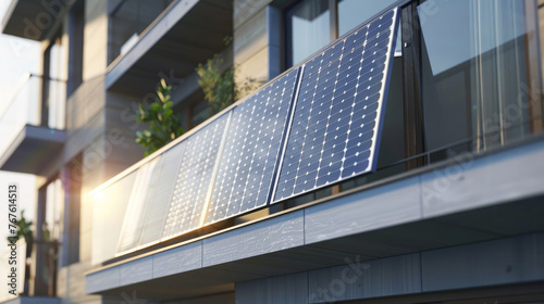 Balcony with a solar power panels in a residential building. Solar Panels on House Balcony. Green Energy in City concept.