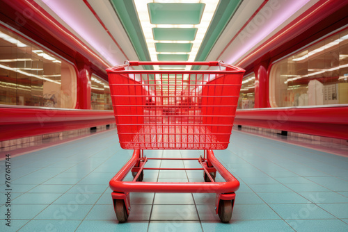Red Shopping Cart in a Neon-lit Aisle