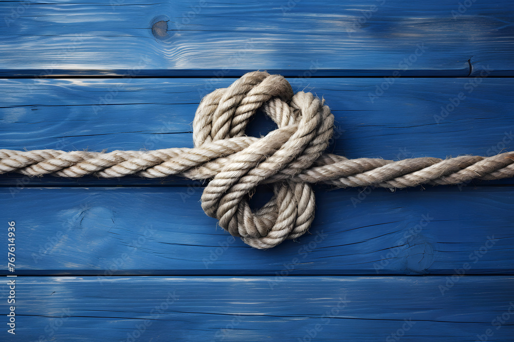 Rope on a wooden background. Rope tied in a knot