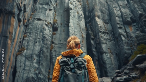 adventurous young woman in an orange jacket gazing up at towering gray cliffs © Salander Studio