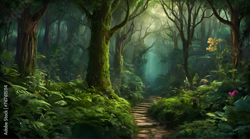 Enchanted forest with lush vegetation in a digital painting background.generative.ai