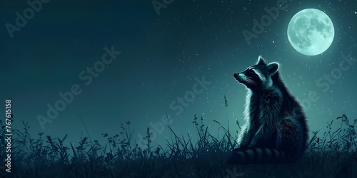 Enigmatic Nocturnal Raccoon Foraging Under the Mystical Moonlit Landscape With Whimsical Starry Sky photo