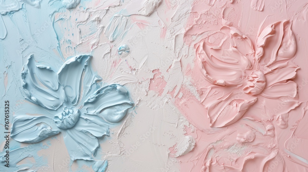 Textured floral relief art with pastel pink and blue colors.
