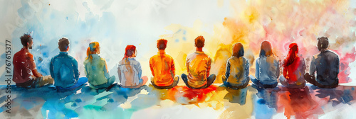 A Watercolor Painting of a Diverse Group of People Sitting in a Circle, watercolor illustration 