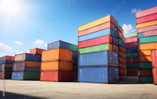 A stack of colourful container boxes against a sky background, symbolizing cargo freight shipping for import and export logistics