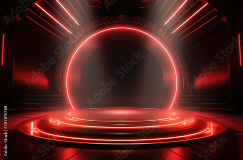 Red circle portals, teleport, hologram room. Blank display, stage or magic portal, podium for show product in futuristic cyberpunk style. Sky-fi digital hi-tech elements for presentation product.