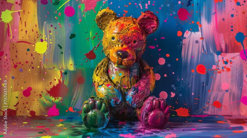  A vivid portrait of a  bear amidst a diverse background, adorned with sprinkles