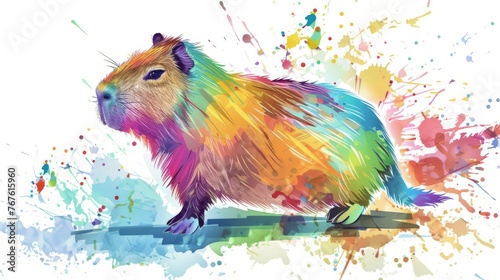  A colorful capybara perched on top of a wooden board with paint spots scattered around it