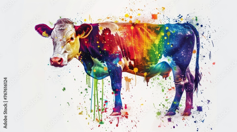  Multicolored cow on white background with paint splatters