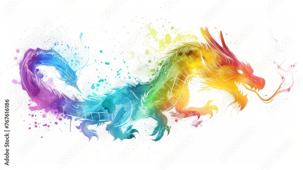  A vibrant dragon on a white background, adorned with specks of color in the form of a rainbow-shaped dragon