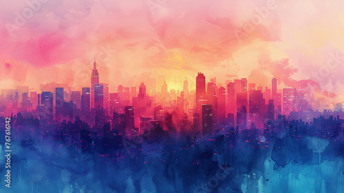 abstract watercolor painting of city skyline in pastel colors, concept of Cityscape painting, created with Generative technology, 
