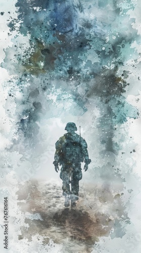 Abstract dreamy watercolor military veteran going home