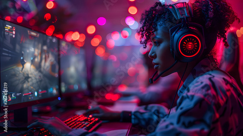 Focused young woman with gaming headphones deeply immersed in playing a competitive video game in a vibrant room with atmospheric lights
