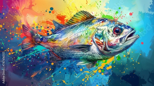  A vibrant painting of a colorful fish on a multicolored background with splashes of paint