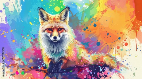  A red fox in a multicolored splashed background, painted