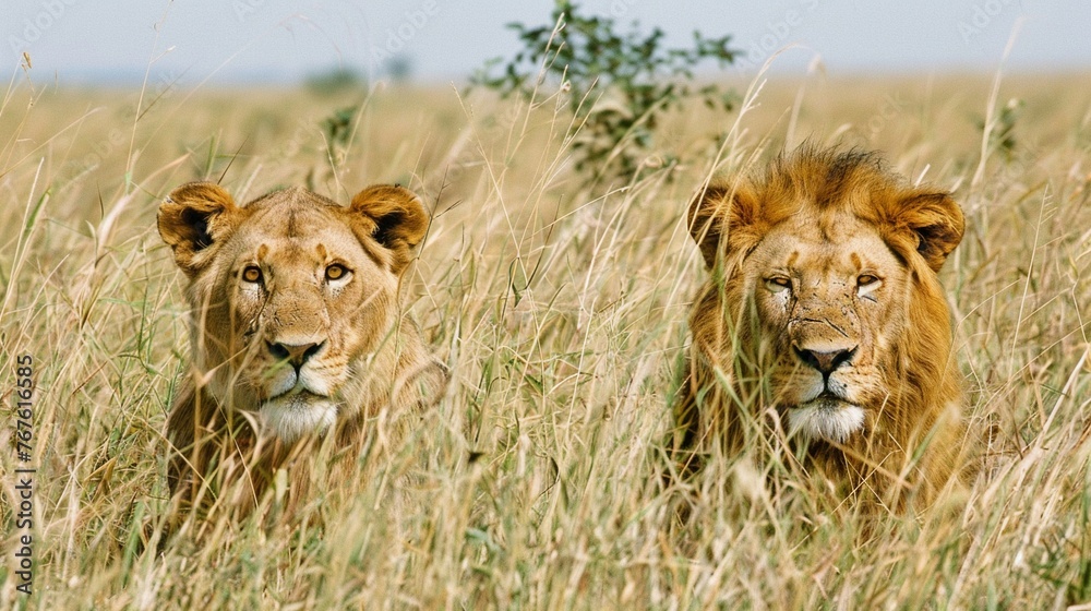 Naklejka premium Faces of lion and lioness among dry grass.
