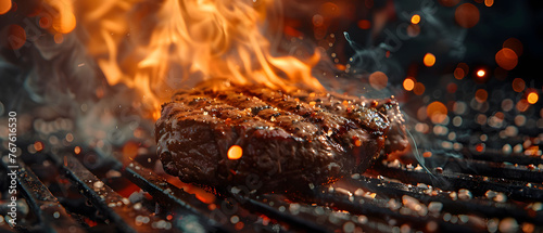 Juicy Steak Grilling Over Fiery Charcoal With Sparks Flying