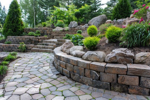 Landscaped backyard with stone retaining walls and a variety of plants.