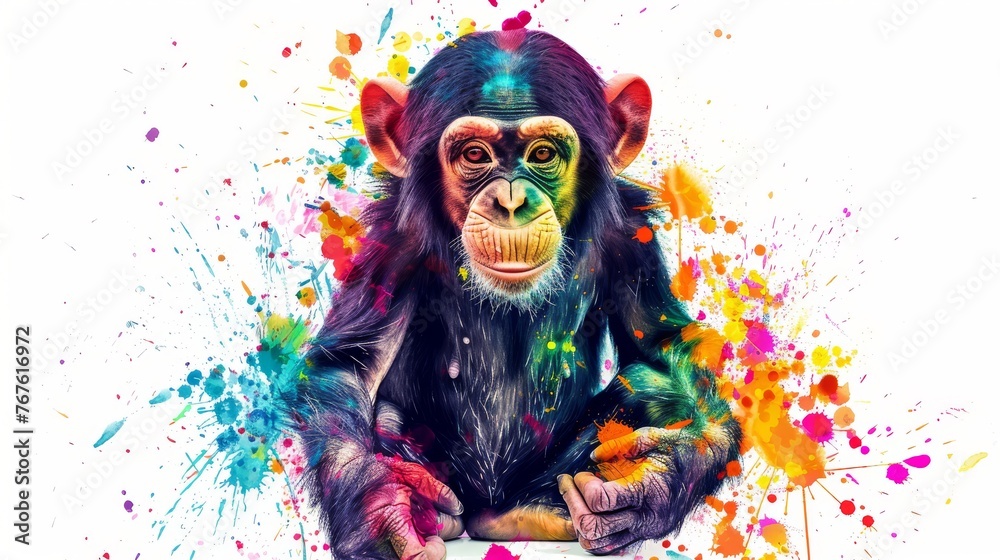  Monkey portrait with splattered paint on white background