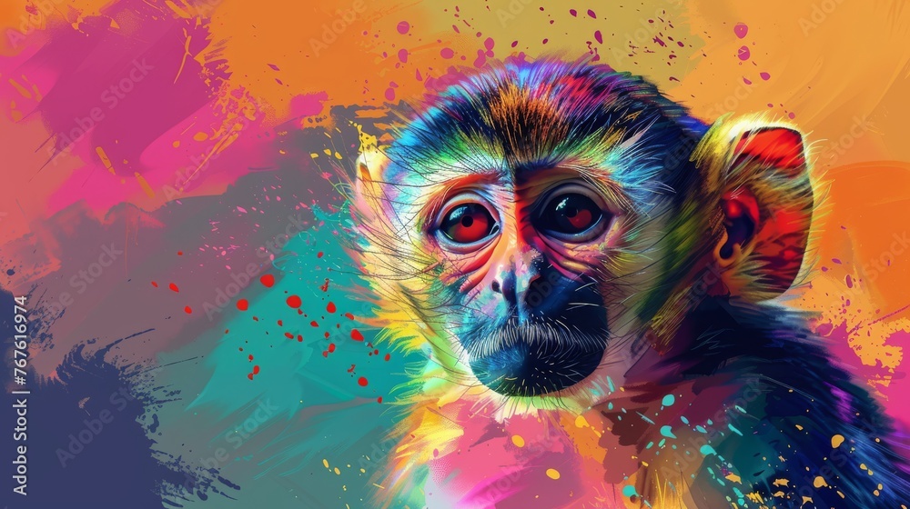  A monkey painting with colorful splatters on its face and eyes