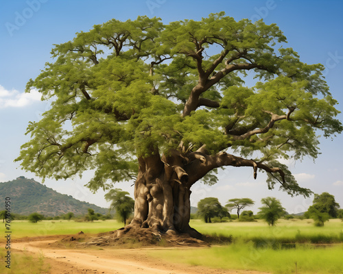 Large Acacia tortilis tree in the middle of the African savannah on a sunny day with blue sky and white clouds in the background