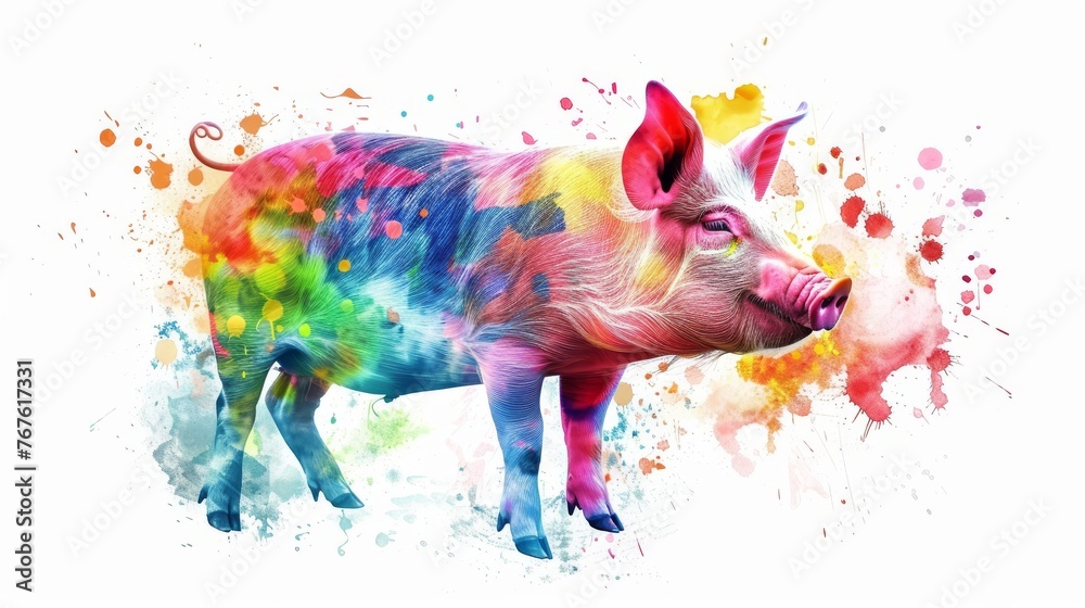  A vibrant hog perched amidst watercolor splatters adorning its flanks