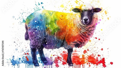  Watercolor depiction of a sheep amidst pure white, adorned with splashes of vibrant hues