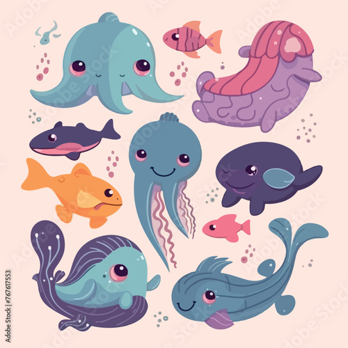 Cute sea animals set cartoon vector illustration © iclute4