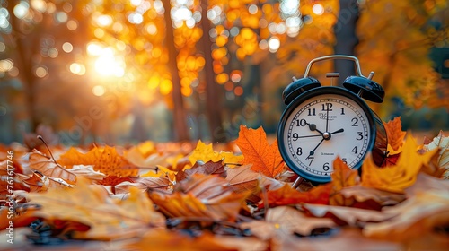 Autumn Leaves and Ending Daylight Savings Time with Clock Alarm Fall Back