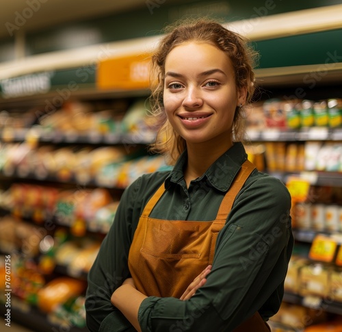 A smiling woman wearing a green apron stands in a grocery store