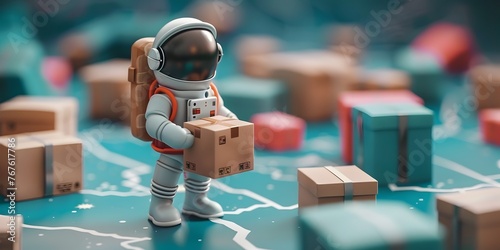 An astronaut in a spacesuit navigates a surreal geometric landscape filled with floating cargo boxes