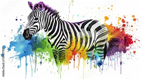 A black-and-white zebra stands against a multicolored paint splattered background  while a zebra with multicolored stripes is visible in the foreground