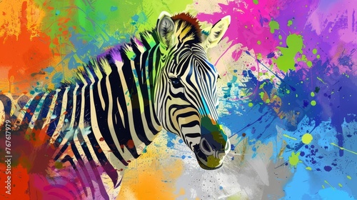  A black-and-white striped animal poses against a colorful backdrop  its visage smeared with specks of paint