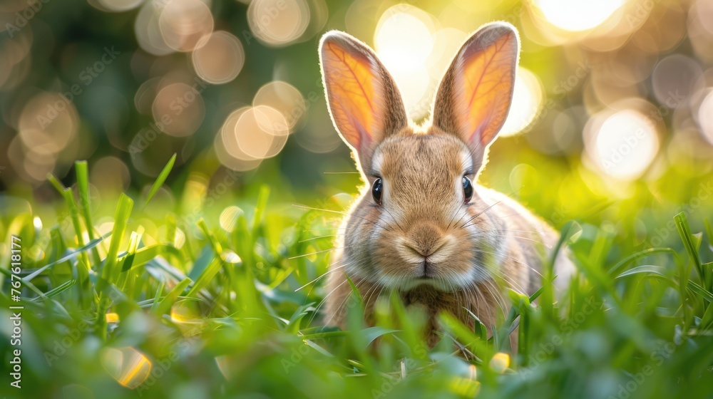 Easter Bunny Hiding in Grass Hole with Eggs and Defocused Lights Easter Bunny Hiding in Grass Hole with Eggs and Defocused Lights