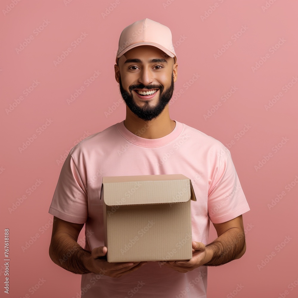 A man wearing a pink hat and a pink hoodie is holding a cardboard box A man wearing a pink hat and a pink hoodie is holding a cardboard box