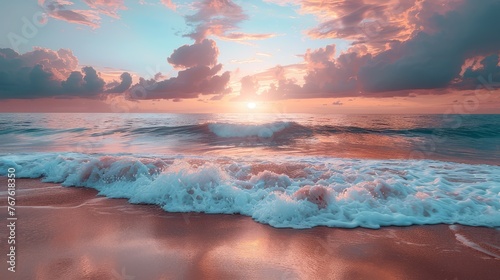  The sun sets over the ocean as waves approach the shore and cloudy skies cover the water above