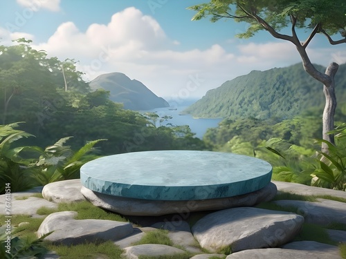 Flat blue round stone podium on rock platform green forest natural landscape background 