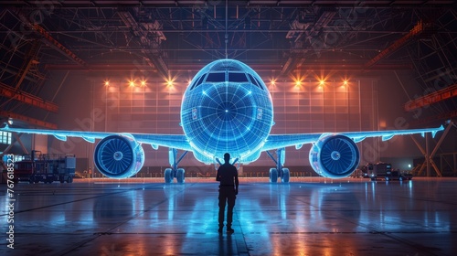 This is a front view of an airplane in a hangar, with a dark blue background. Concept of plane maintenance and aircraft repair services. Abstract 3D wireframe that resembles a starry sky.