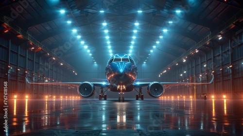 An airplane in a hangar in dark blue. The plane is being maintained, repaired, and serviced. An abstract 3D wireframe with polygons looks like the starry sky. A digital modern mesh with lines and photo