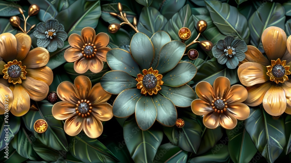  A macro shot of numerous flowers with verdant foliage on a dark backdrop, featuring a golden-blue core