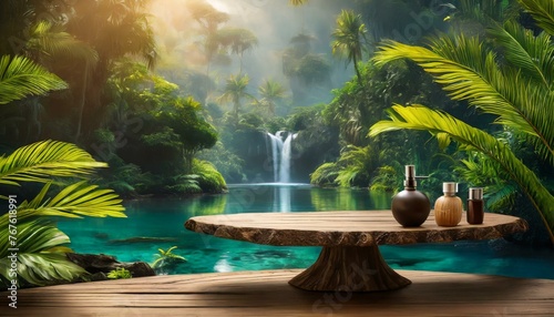 Cosmetic Haven  Table Display Surrounded by Lush Jungle Foliage